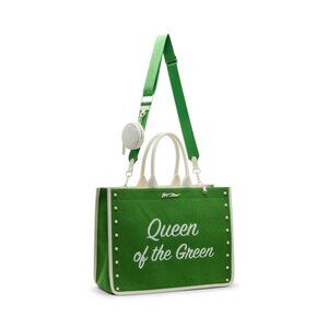 Betsey Johnson Kitsch Queen Of The Green Large Canvas Tote Bag Green & White NWT